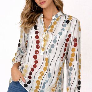 Women's Blouse White with Art Pattern Sz L-NWOT